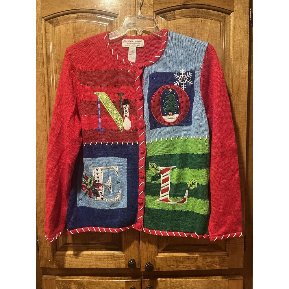 Tiara International Ugly Christmas Sweater Noel button Up Cardigan‎ Large
